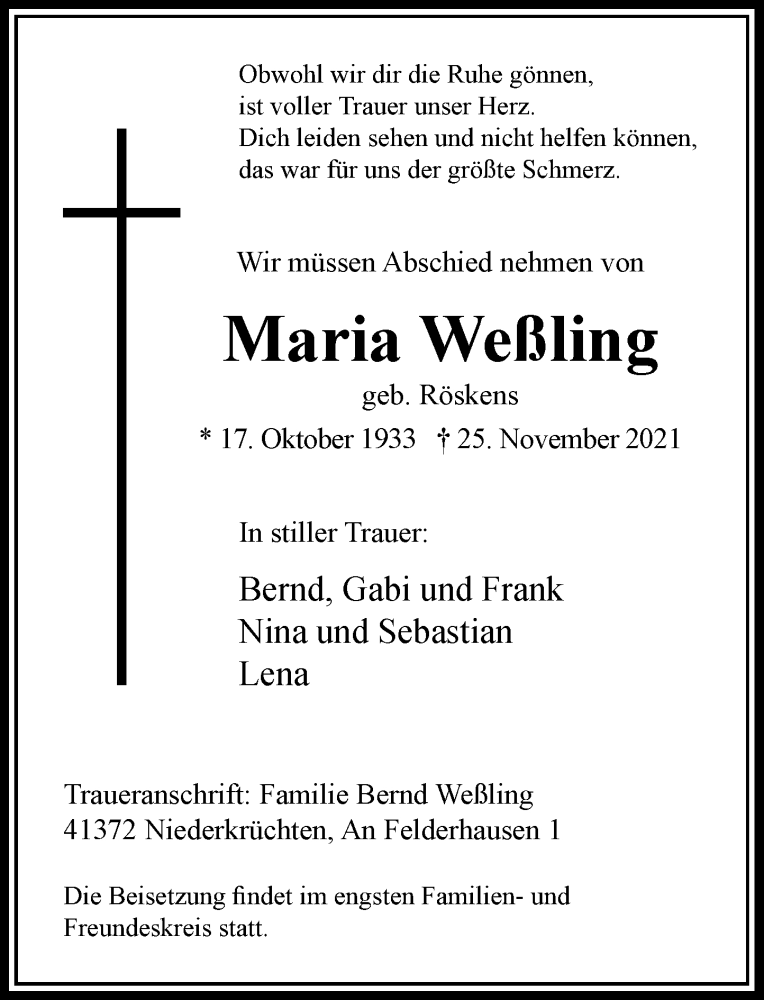  Traueranzeige für Maria Weßling vom 04.12.2021 aus Rheinische Post