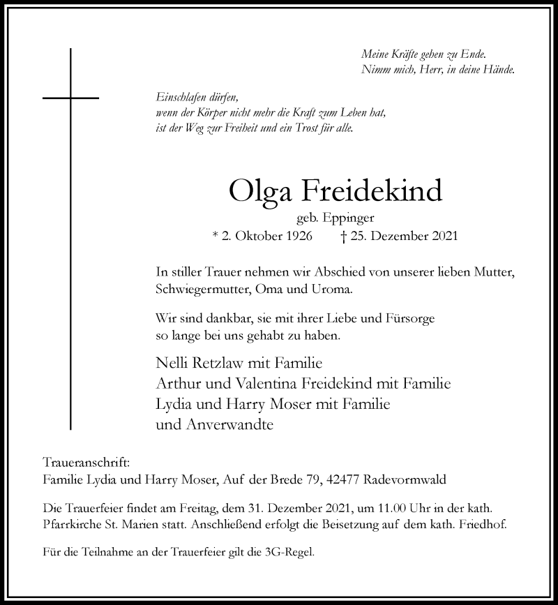  Traueranzeige für Olga Freidekind vom 29.12.2021 aus Rheinische Post
