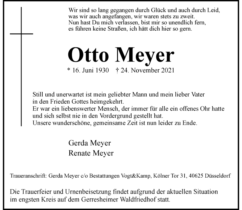  Traueranzeige für Otto Meyer vom 04.12.2021 aus Rheinische Post