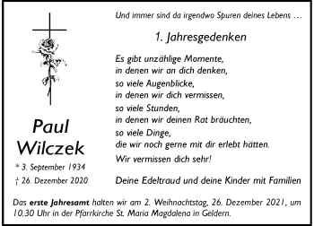 Traueranzeige von Paul Wilczek von Rheinische Post