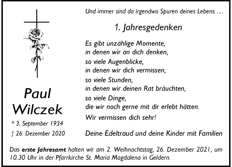  Traueranzeige für Paul Wilczek vom 22.12.2021 aus Rheinische Post