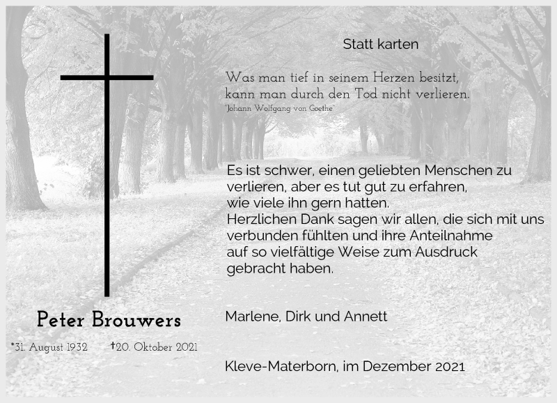  Traueranzeige für Peter Brouwers vom 04.12.2021 aus Rheinische Post