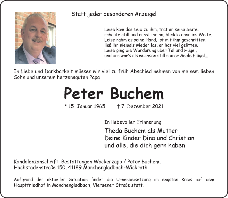  Traueranzeige für Peter Buchem vom 18.12.2021 aus Rheinische Post