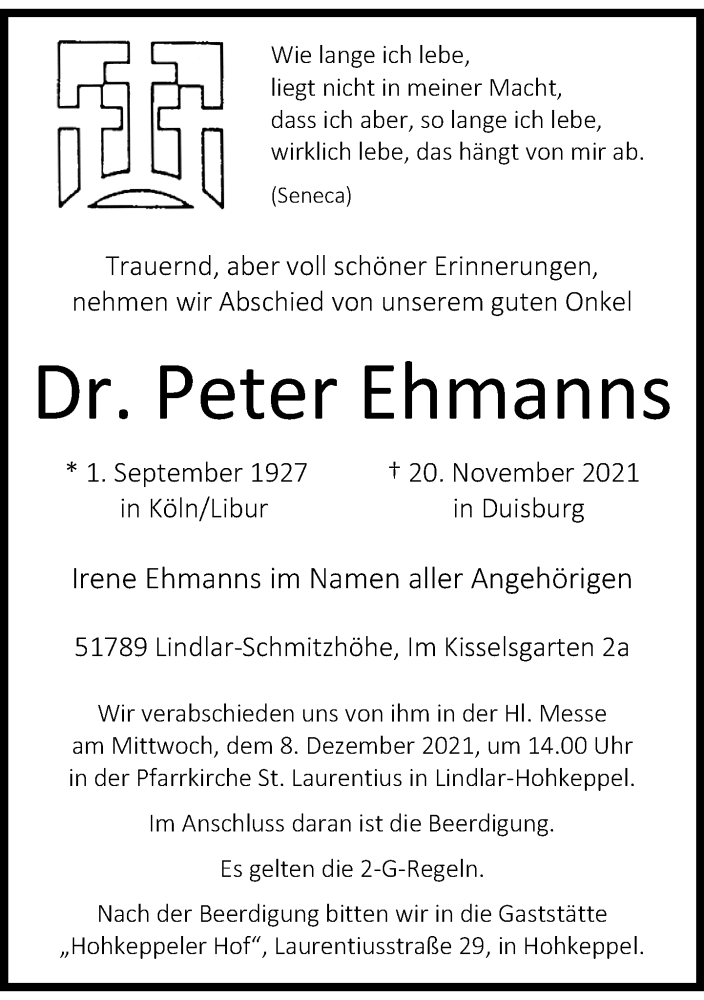 Traueranzeige für Peter Ehmanns vom 04.12.2021 aus Rheinische Post
