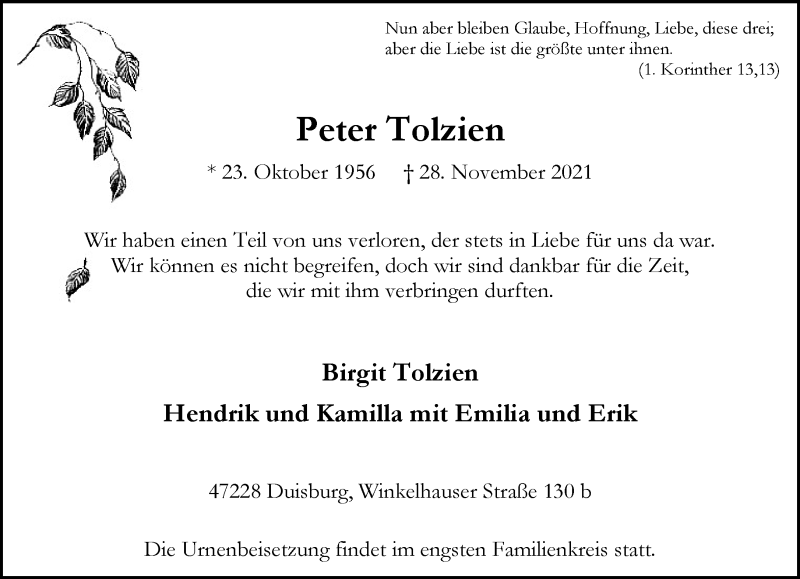  Traueranzeige für Peter Tolzien vom 01.12.2021 aus Rheinische Post