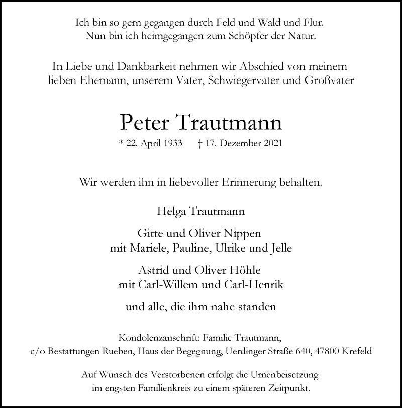  Traueranzeige für Peter Trautmann vom 31.12.2021 aus Rheinische Post