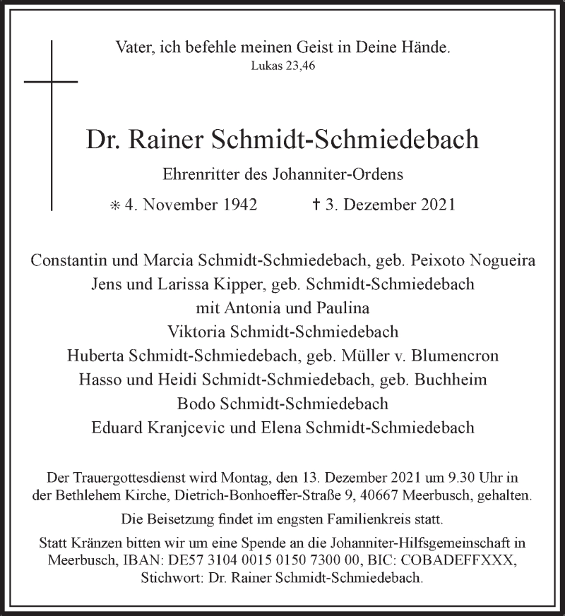  Traueranzeige für Rainer Schmidt-Schmiedebach vom 11.12.2021 aus Rheinische Post