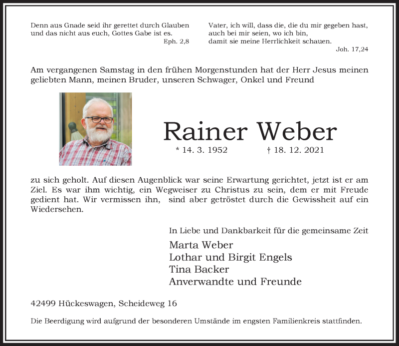  Traueranzeige für Rainer Weber vom 24.12.2021 aus Rheinische Post