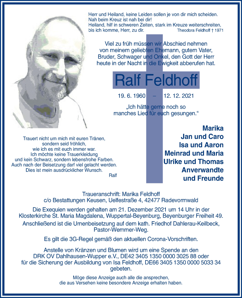  Traueranzeige für Ralf Feldhoff vom 18.12.2021 aus Rheinische Post