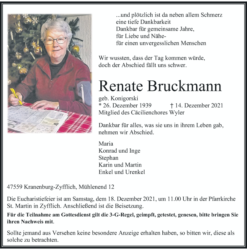  Traueranzeige für Renate Bruckmann vom 15.12.2021 aus Rheinische Post