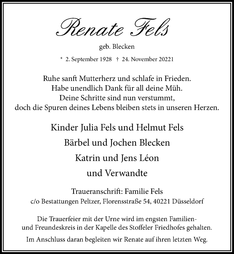  Traueranzeige für Renate Fels vom 04.12.2021 aus Rheinische Post