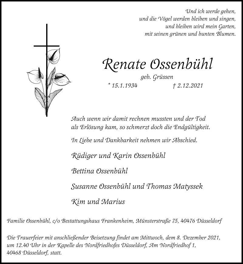  Traueranzeige für Renate Ossenbühl vom 04.12.2021 aus Rheinische Post