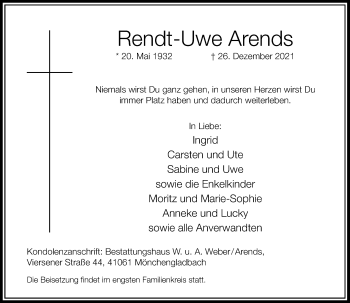 Traueranzeige von Rendt-Uwe Arends von Rheinische Post