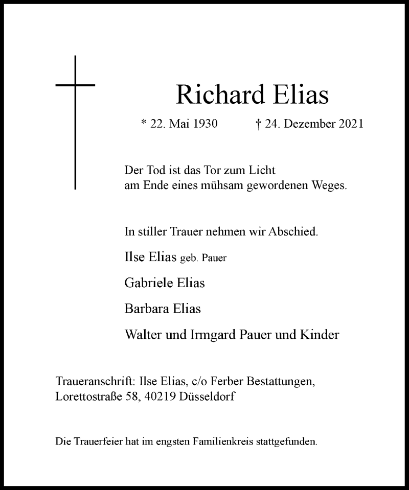  Traueranzeige für Richard Elias vom 15.01.2022 aus Rheinische Post