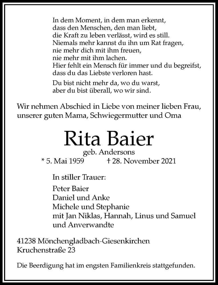  Traueranzeige für Rita Baier vom 18.12.2021 aus Rheinische Post