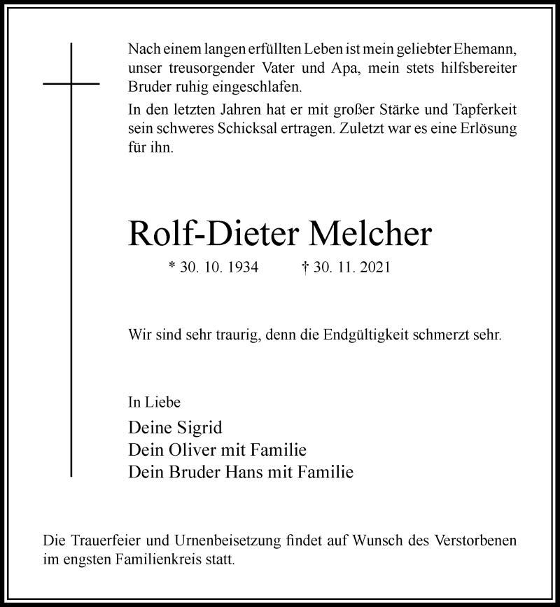  Traueranzeige für Rolf-Dieter Melcher vom 07.12.2021 aus Rheinische Post