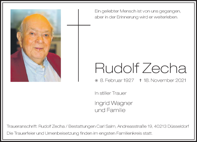  Traueranzeige für Rudolf Zecha vom 04.12.2021 aus Rheinische Post