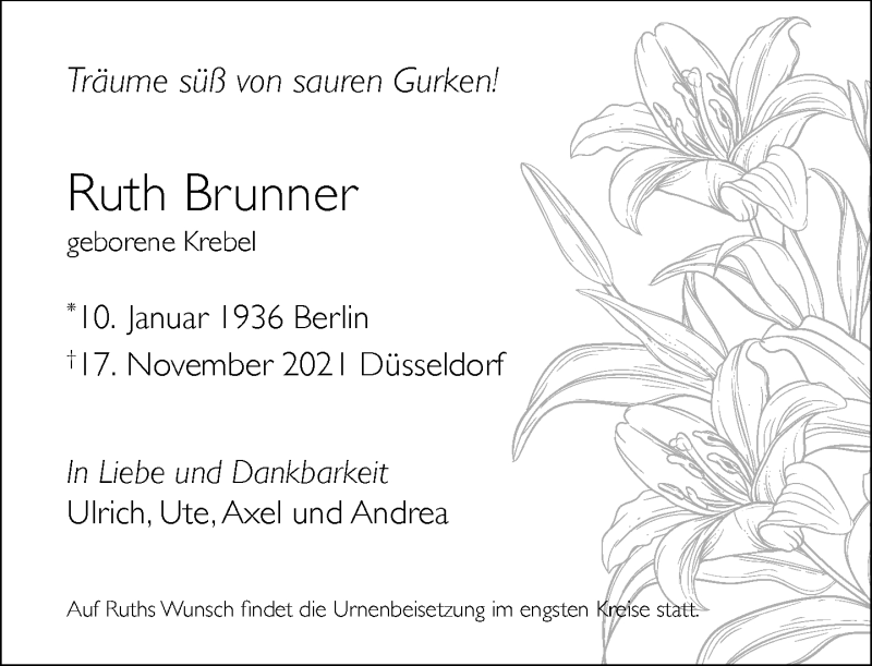  Traueranzeige für Ruth Brunner vom 04.12.2021 aus Rheinische Post