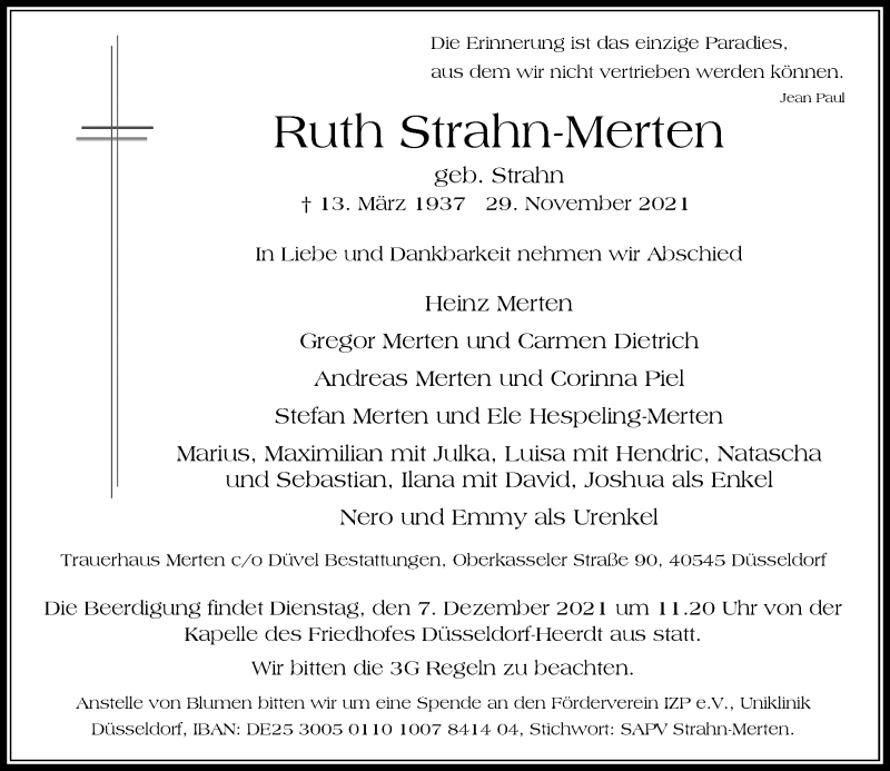  Traueranzeige für Ruth Strahn-Merten vom 01.12.2021 aus Rheinische Post