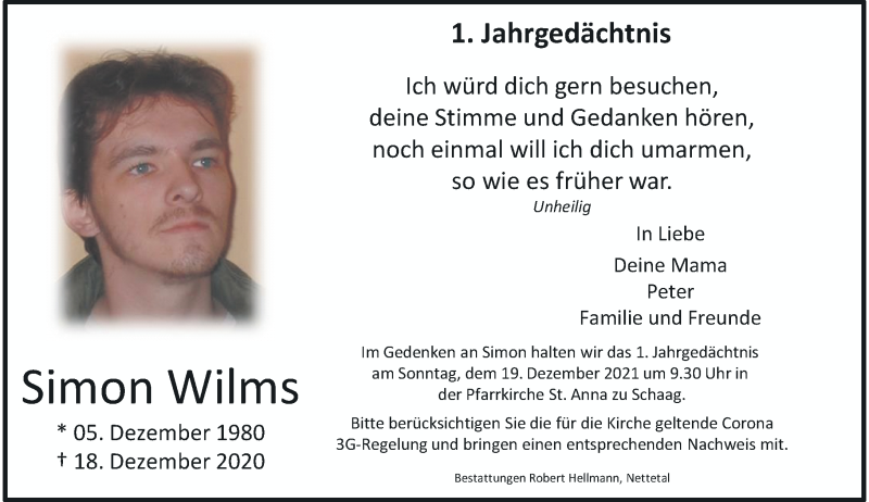  Traueranzeige für Simon Wilms vom 11.12.2021 aus Rheinische Post