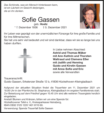 Traueranzeige von Sofie Gassen von Rheinische Post