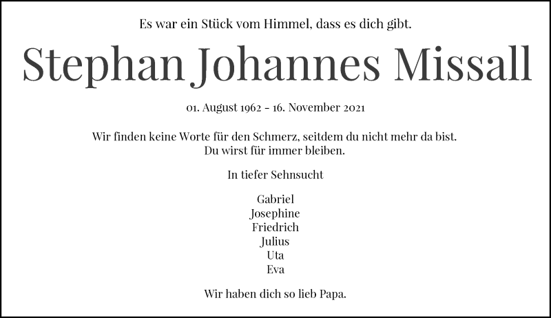  Traueranzeige für Stephan Johannes Missall vom 04.12.2021 aus Rheinische Post