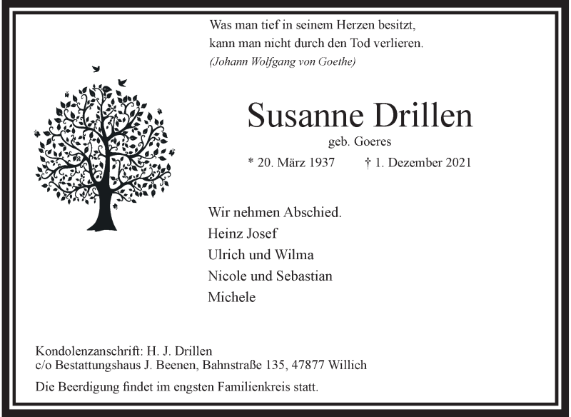  Traueranzeige für Susanne Drillen vom 04.12.2021 aus Rheinische Post