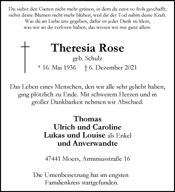 Traueranzeige von Theresia Rose von Rheinische Post