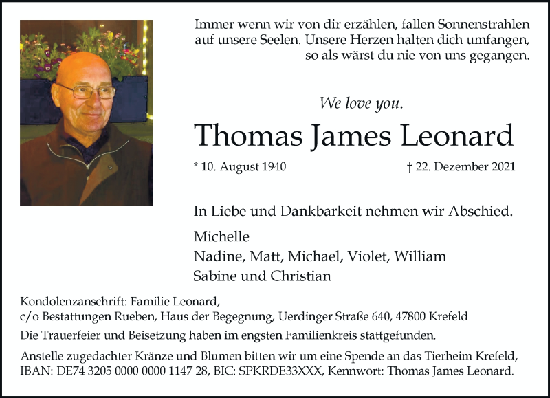  Traueranzeige für Thomas James Leonard vom 31.12.2021 aus Rheinische Post