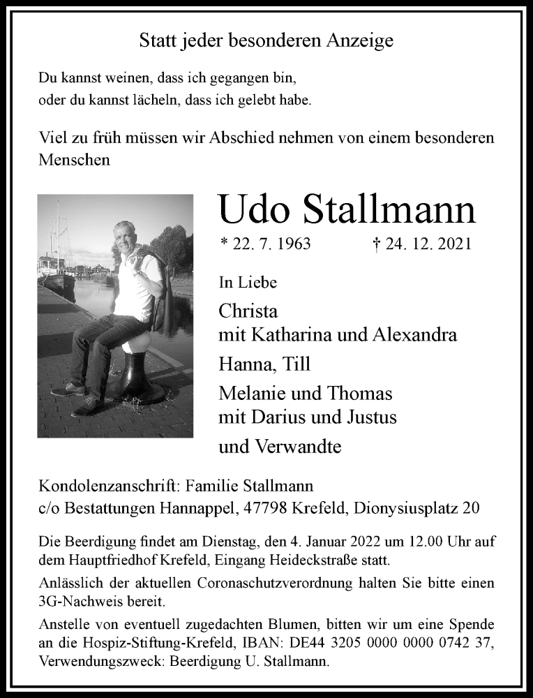  Traueranzeige für Udo Stallmann vom 31.12.2021 aus Rheinische Post