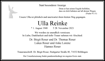 Traueranzeige von Ulla Reinke von Rheinische Post
