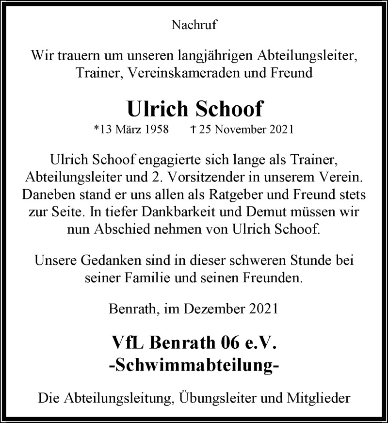  Traueranzeige für Ulrich Schoof vom 11.12.2021 aus Rheinische Post