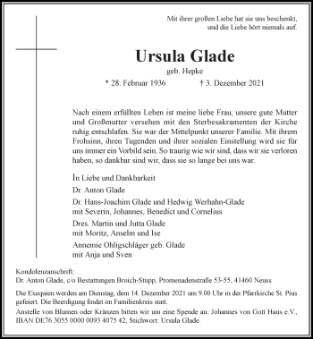 Traueranzeige von Ursula Glade von Rheinische Post