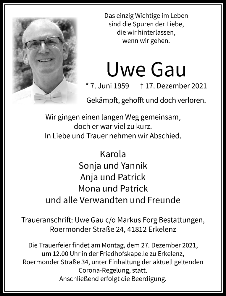  Traueranzeige für Uwe Gau vom 22.12.2021 aus Rheinische Post