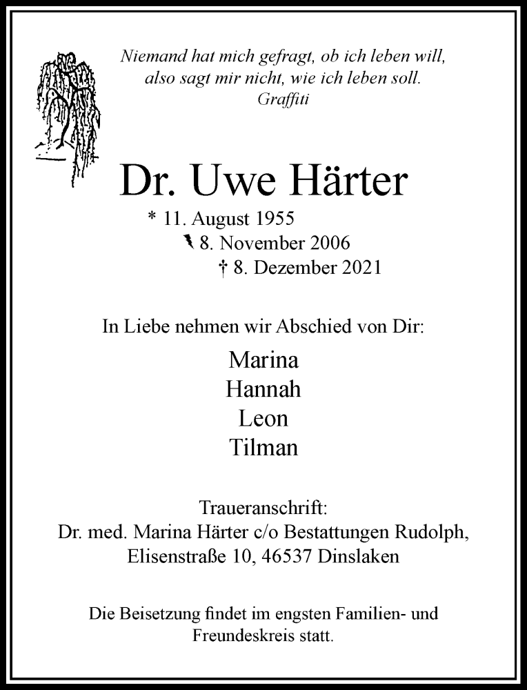  Traueranzeige für Uwe Härter vom 11.12.2021 aus Rheinische Post