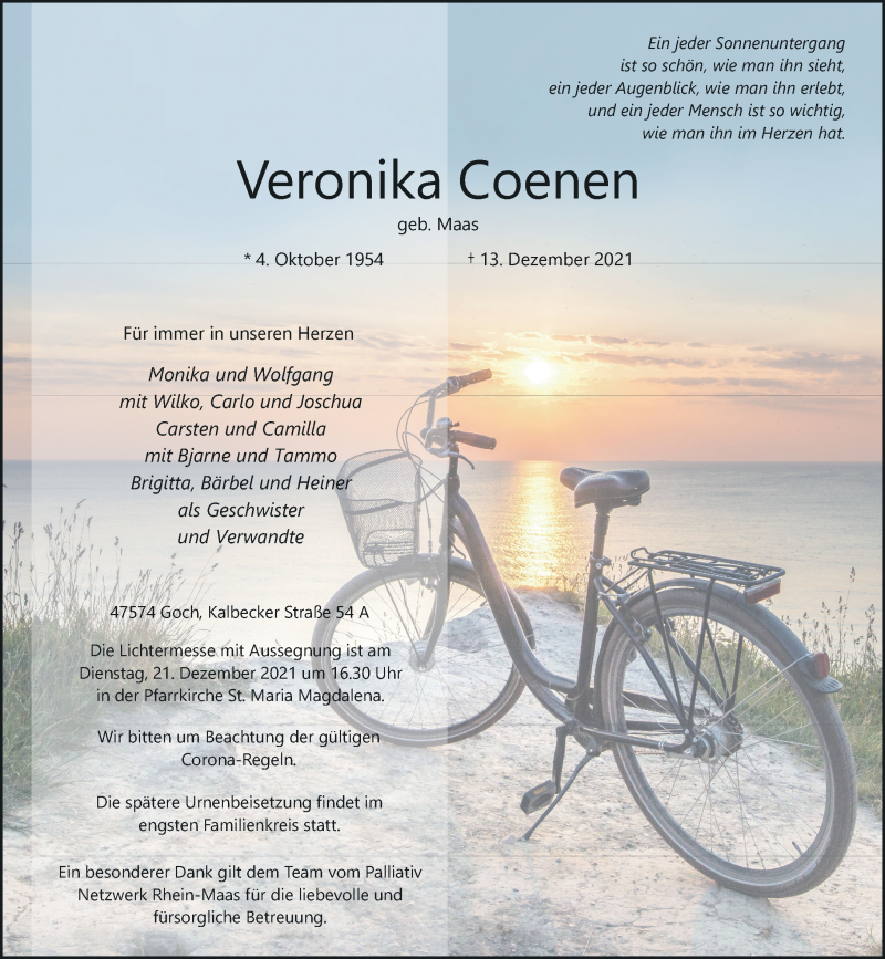 Traueranzeige für Veronika Coenen vom 17.12.2021 aus Rheinische Post