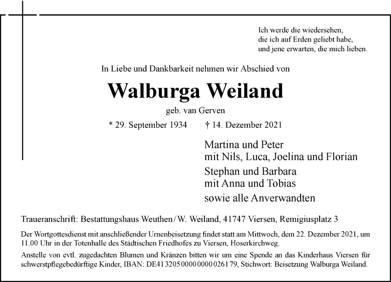  Traueranzeige für Walburga Weiland vom 18.12.2021 aus Rheinische Post