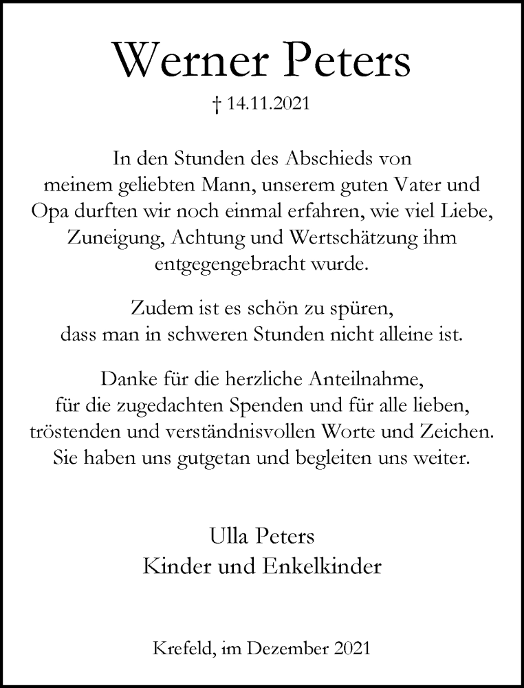  Traueranzeige für Werner Peters vom 18.12.2021 aus Rheinische Post