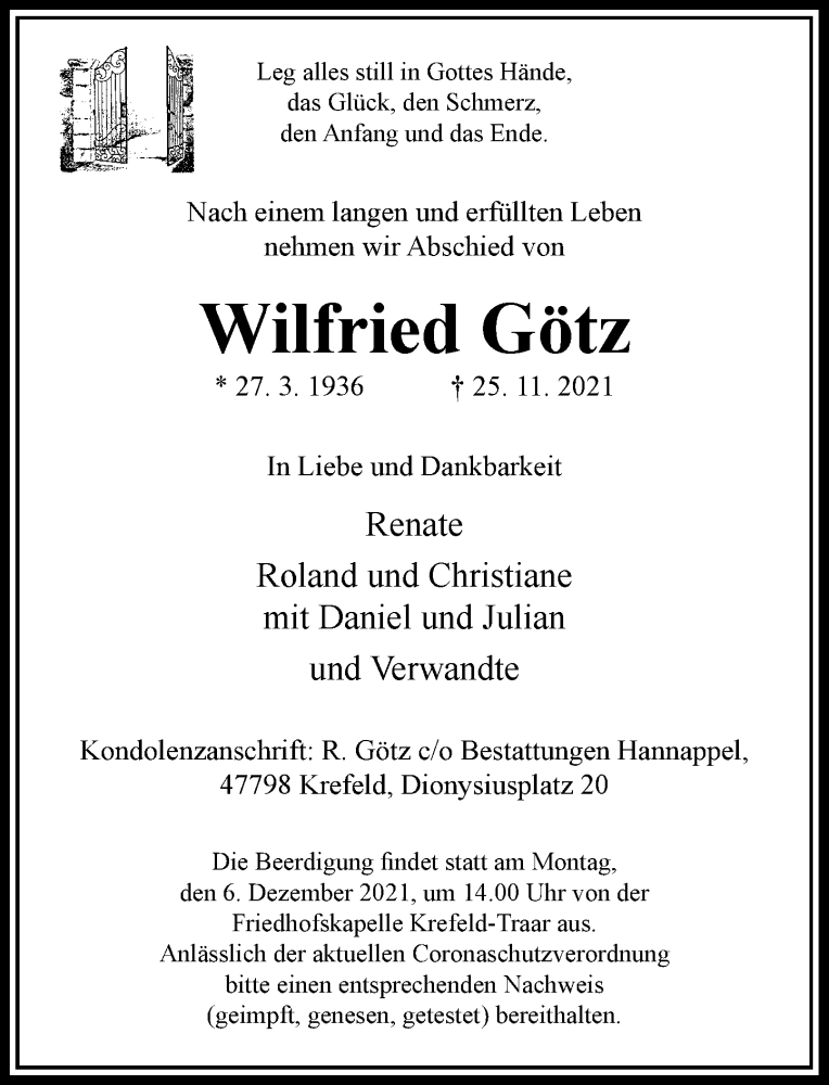  Traueranzeige für Wilfried Götz vom 01.12.2021 aus Rheinische Post