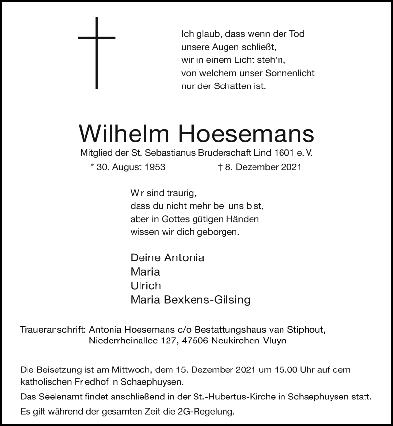  Traueranzeige für Wilhelm Hoesemans vom 11.12.2021 aus Rheinische Post