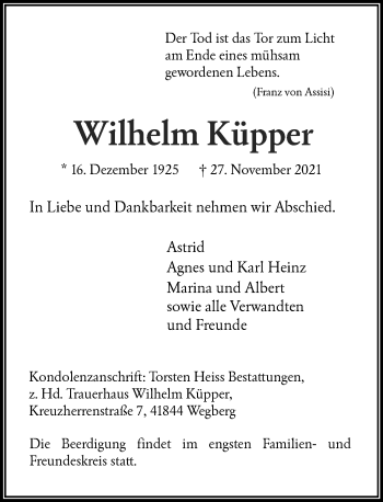 Traueranzeige von Wilhelm Küpper von Rheinische Post