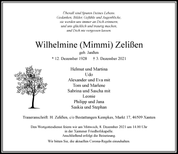Traueranzeige von Wilhelmine  Zelißen von Rheinische Post