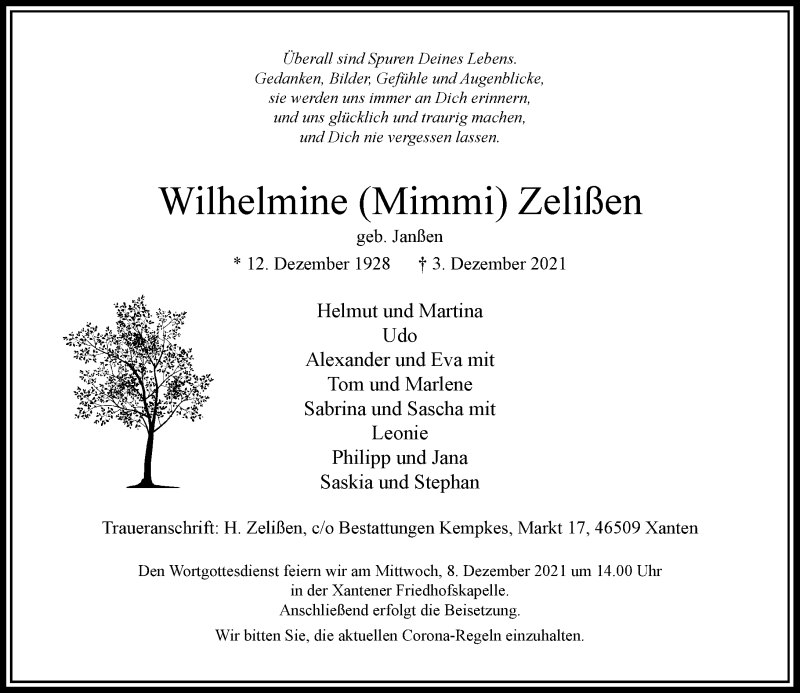  Traueranzeige für Wilhelmine  Zelißen vom 06.12.2021 aus Rheinische Post