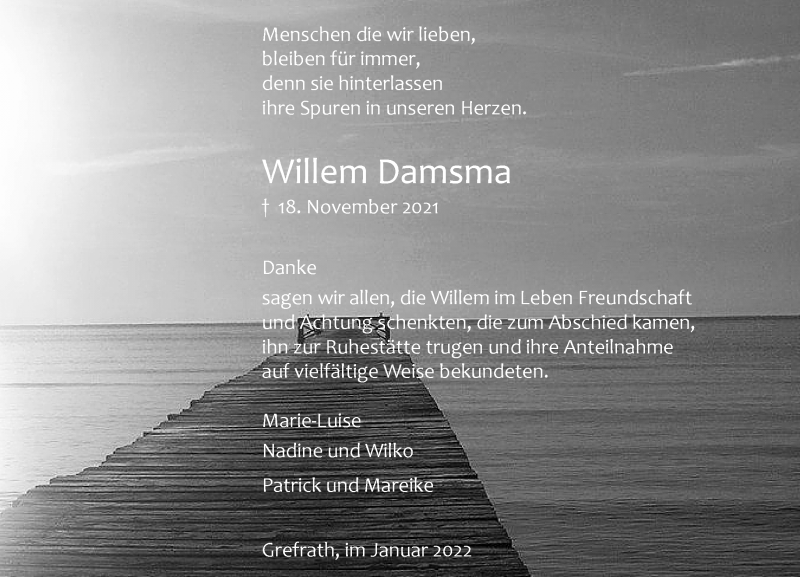  Traueranzeige für Willem Damsma vom 08.01.2022 aus Rheinische Post