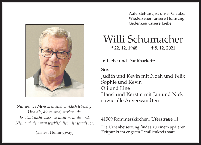  Traueranzeige für Willi Schumacher vom 24.12.2021 aus Rheinische Post