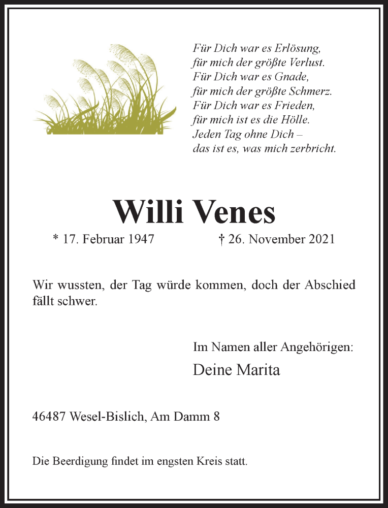  Traueranzeige für Willi Venes vom 01.12.2021 aus Rheinische Post