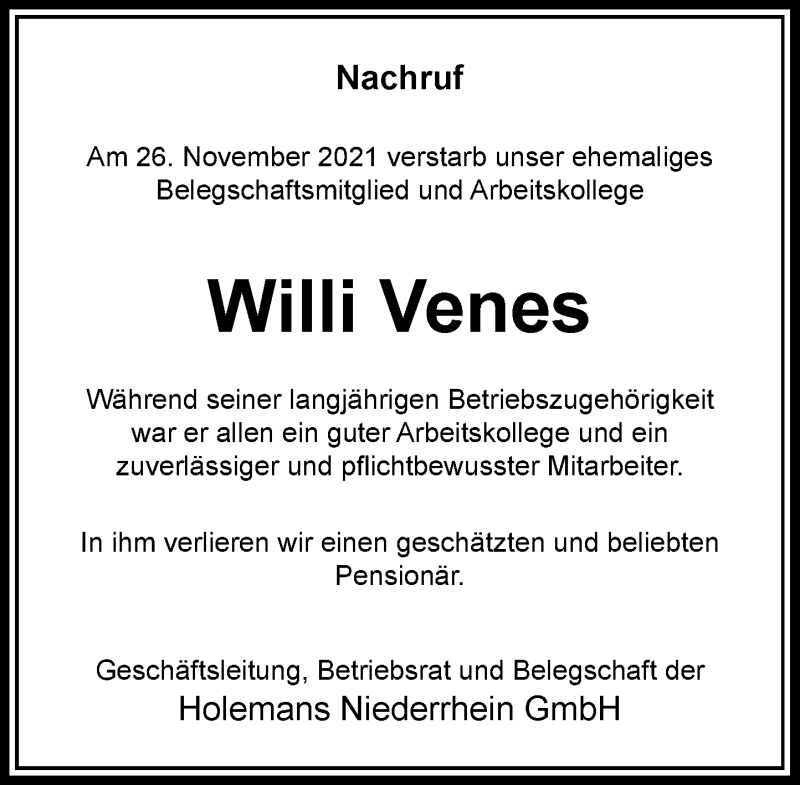  Traueranzeige für Willi Venes vom 02.12.2021 aus Rheinische Post