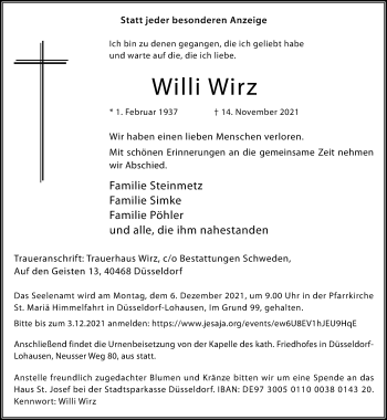 Traueranzeige von Willi Wirz von Rheinische Post