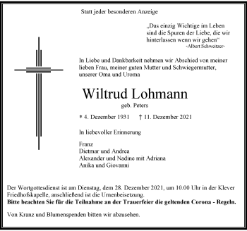 Traueranzeige von Wiltrud Lohmann von Rheinische Post