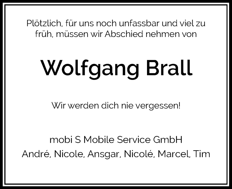  Traueranzeige für Wolfgang Brall vom 04.12.2021 aus Rheinische Post